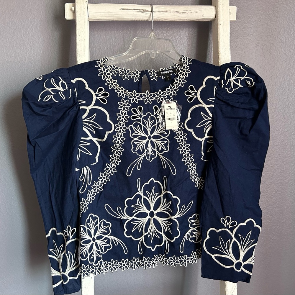 Long sleeved, blue and white embroidered floral blouse from Express